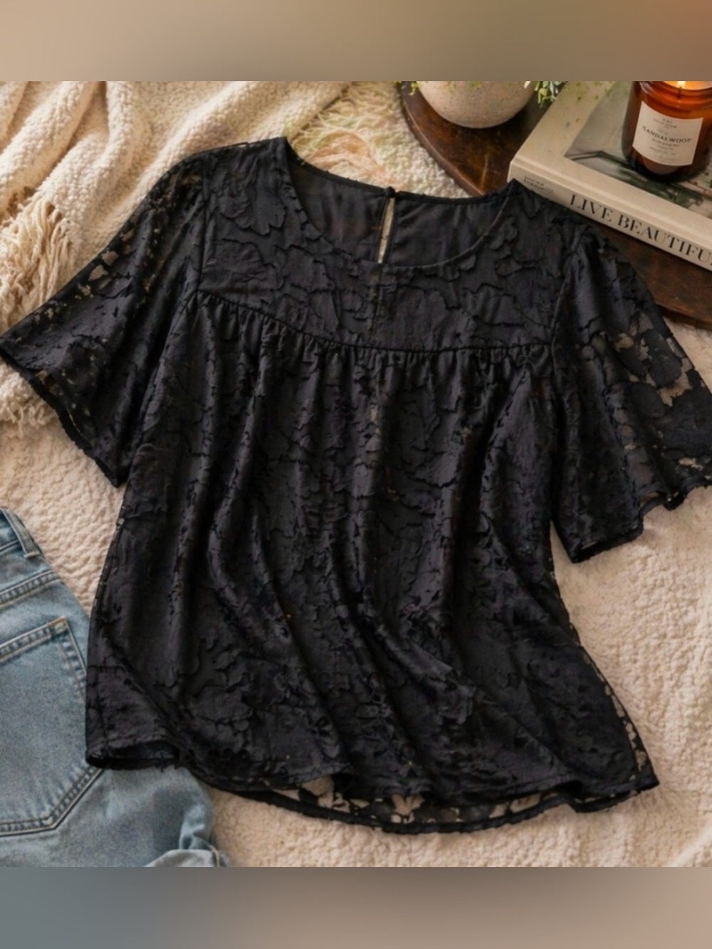 Women's Black Burnout Short Sleeve Top - Picture 1 of 13